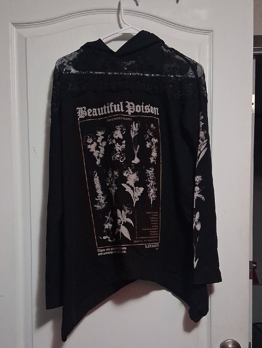 Killstar Black Hooded Long Sleeve Top with White Botanical Print